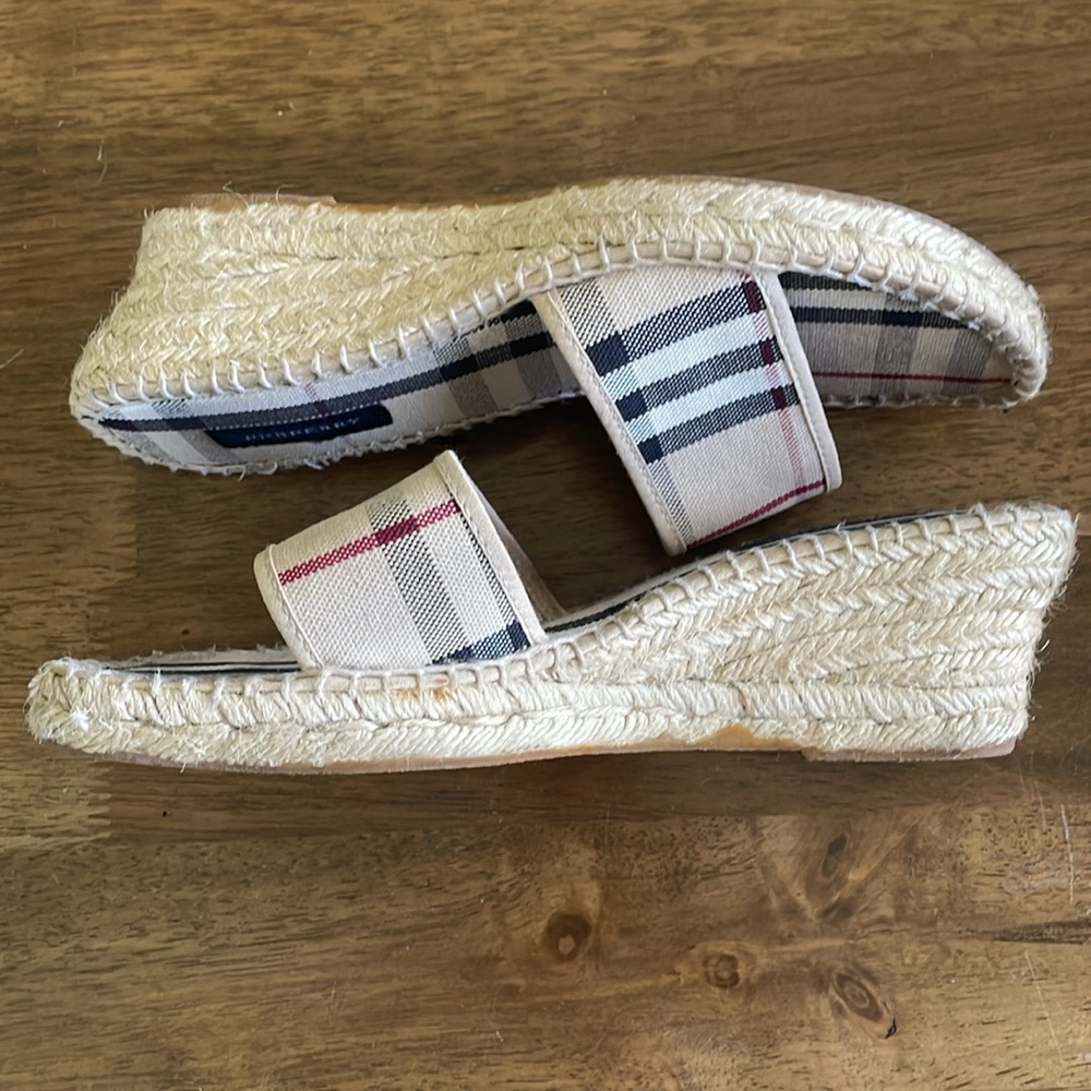 Burberry Beige Plaid Espadrille Wedge Sandals with Black and Red Accent - Picture 6 of 15